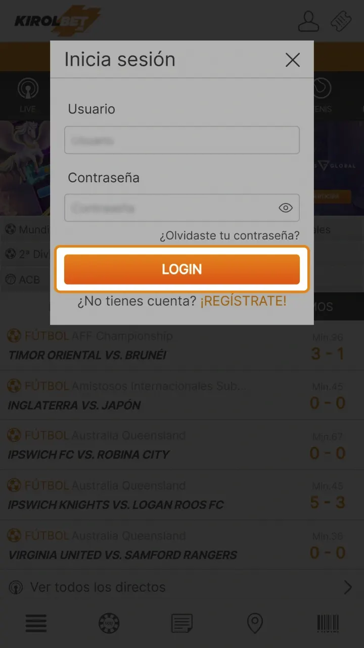 Ingrese sus credenciales en el formulario para que accede a tu cuenta en Kirolbet.